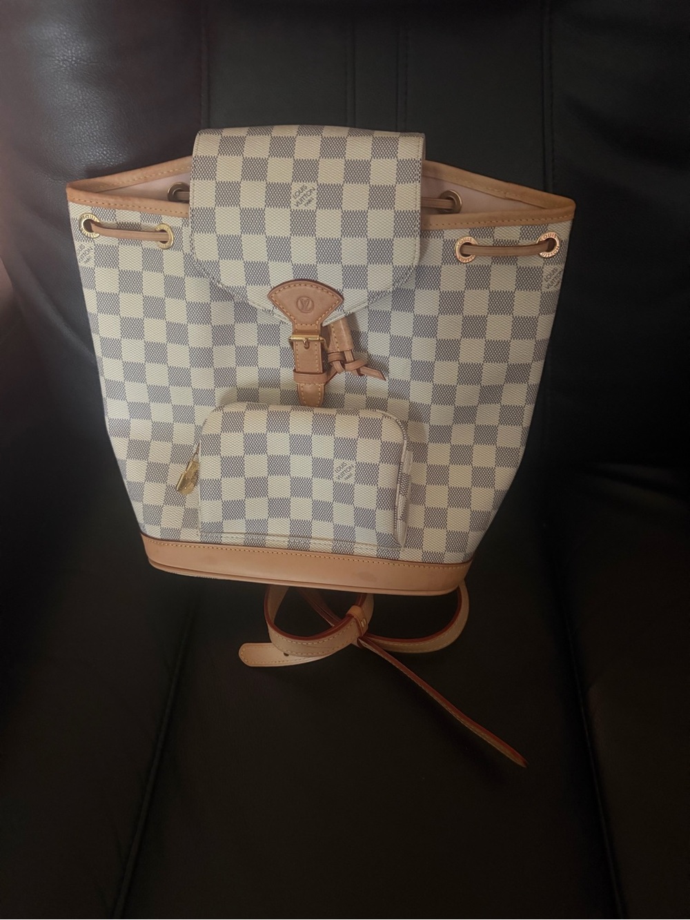 Canvas Check Drawstring Backpack in Light Gray and Beige